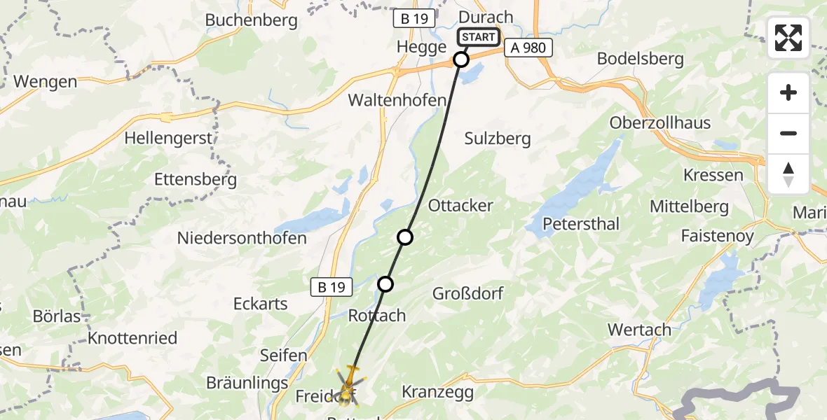 Flugroute Rettungshubschrauber Kempten-Durach Flugplatz - Rettenberg, 19 Juli 2026, 12:03