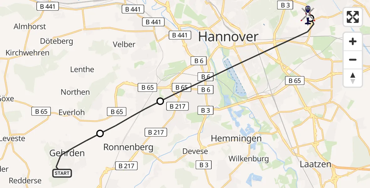 Flugroute Polizeihubschrauber Gehrden - Hannover Luftrettung Hubschrauberlandeplatz (Christoph 4), 19 Juli 2026, 12:14