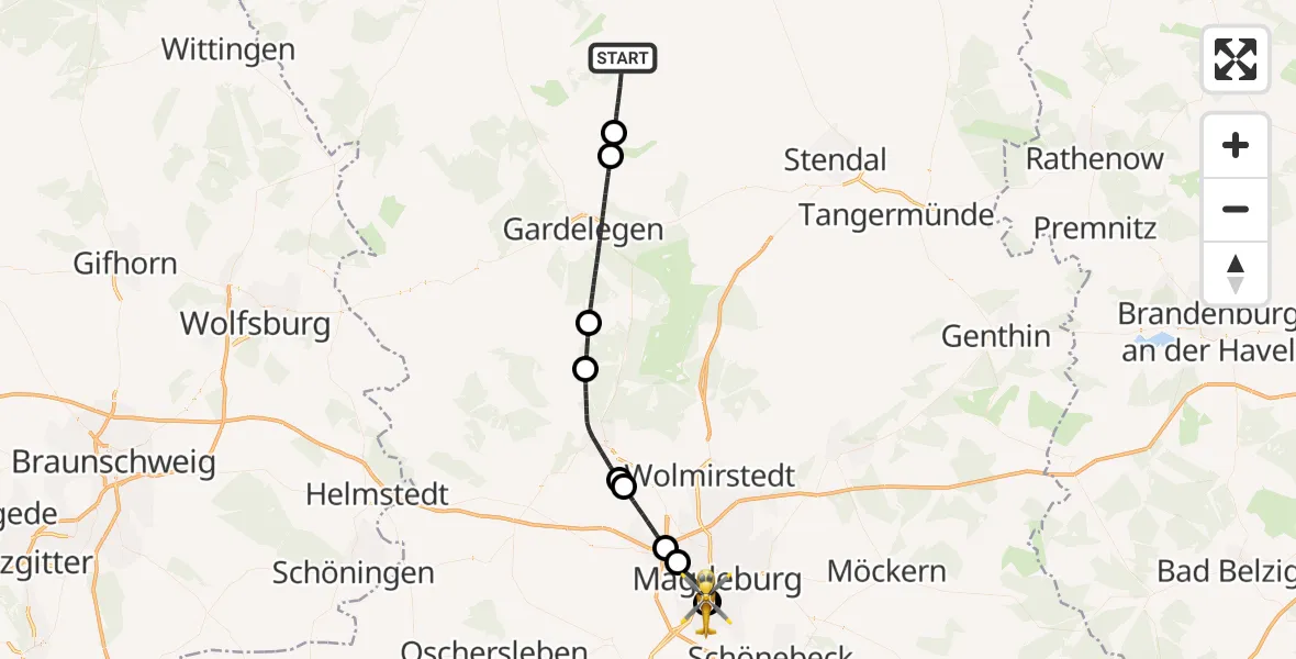 Flugroute Rettungshubschrauber Kalbe (Milde) - Magdeburg University Hospital, 19 Juli 2026, 12:15