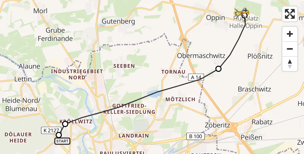 Flugroute Rettungshubschrauber Halle (Saale) University Hospital - Halle-Oppin Flugplatz, 19 Juli 2026, 12:16