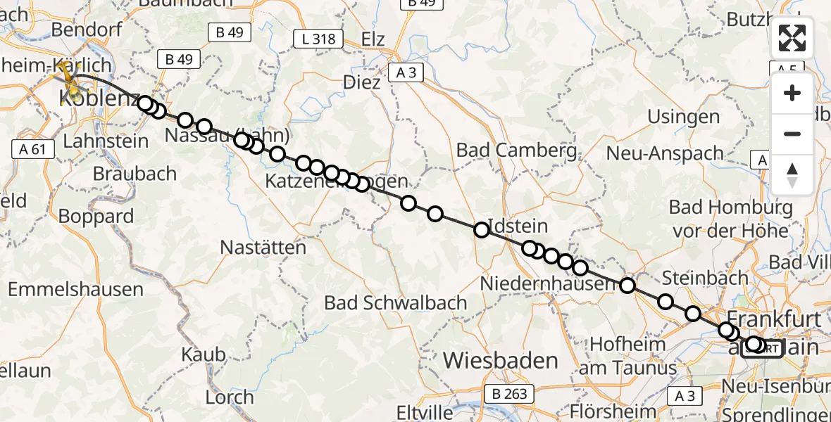 Flugroute Rettungshubschrauber Frankfurt University Hospital - Koblenz, 19 Juli 2026, 12:19