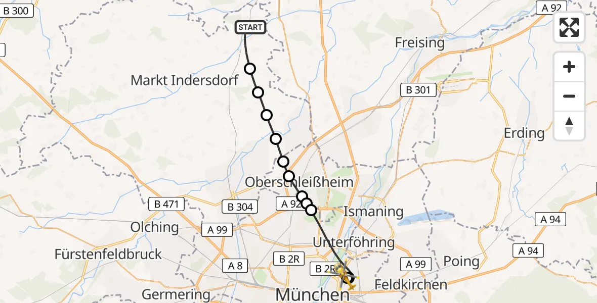 Flugroute Rettungshubschrauber Petershausen - München Bogenhausen Hospital, 19 Juli 2026, 12:21