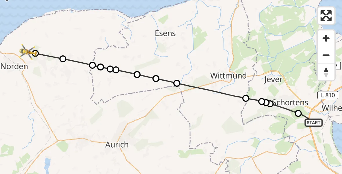 Flugroute Ambulanzhubschrauber Sande - Lütetsburg, 19 Juli 2026, 12:25