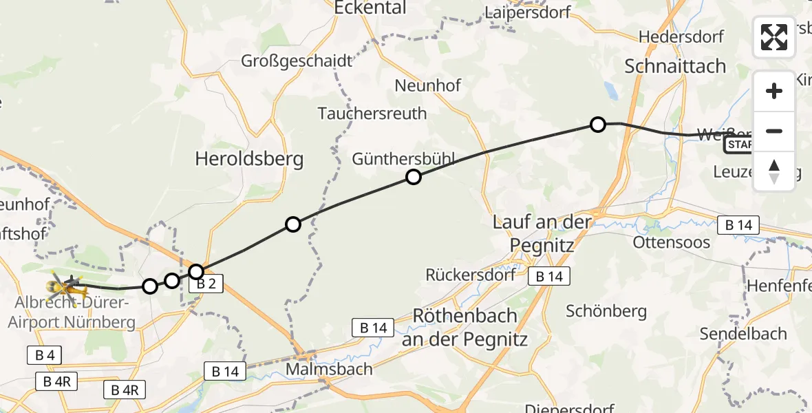 Flugroute Ambulanzhubschrauber Neunkirchen a.Sand - Flughafen Nuremberg, 19 Juli 2026, 12:26