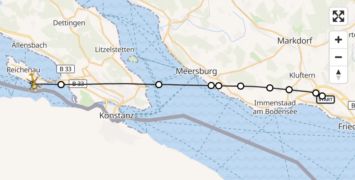 Flugroute Rettungshubschrauber Friedrichshafen Hospital - Reichenau, 19 Juli 2026, 12:30