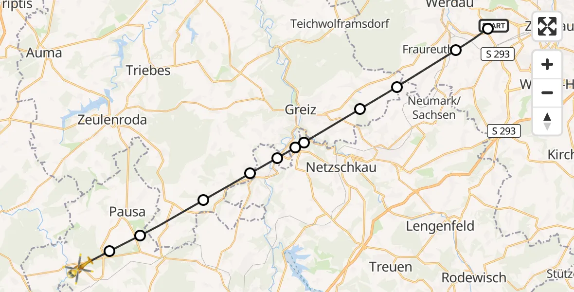 Flugroute Rettungshubschrauber ADAC Air Rescue Station Zwickau Hubschrauberlandeplatz - Pausa-Mühltroff, 19 Juli 2026, 12:39