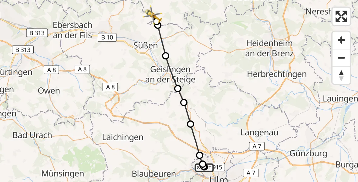 Flugroute Rettungshubschrauber Ulm Military Hospital Emergency - Schwäbisch Gmünd, 19 Juli 2026, 12:53