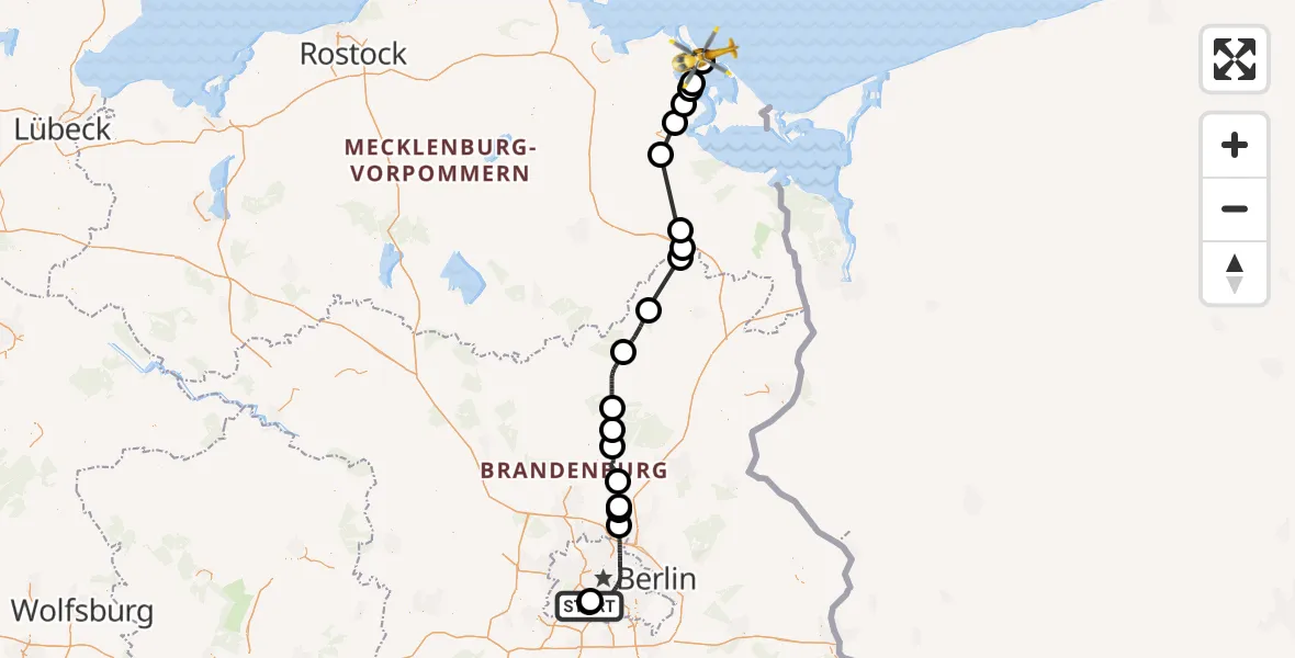 Flugroute Rettungshubschrauber Charité Clinic Benjamin Franklin Campus - Zinnowitz, 19 Juli 2026, 12:58