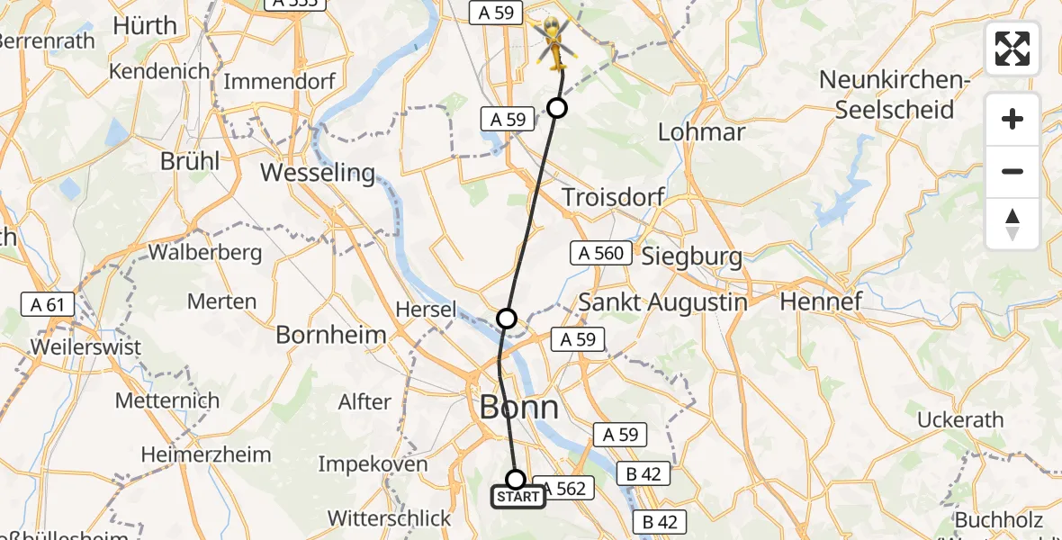 Flugroute Rettungshubschrauber Bonn University Hospital - Köln Bonn Flughafen, 19 Juli 2026, 12:58
