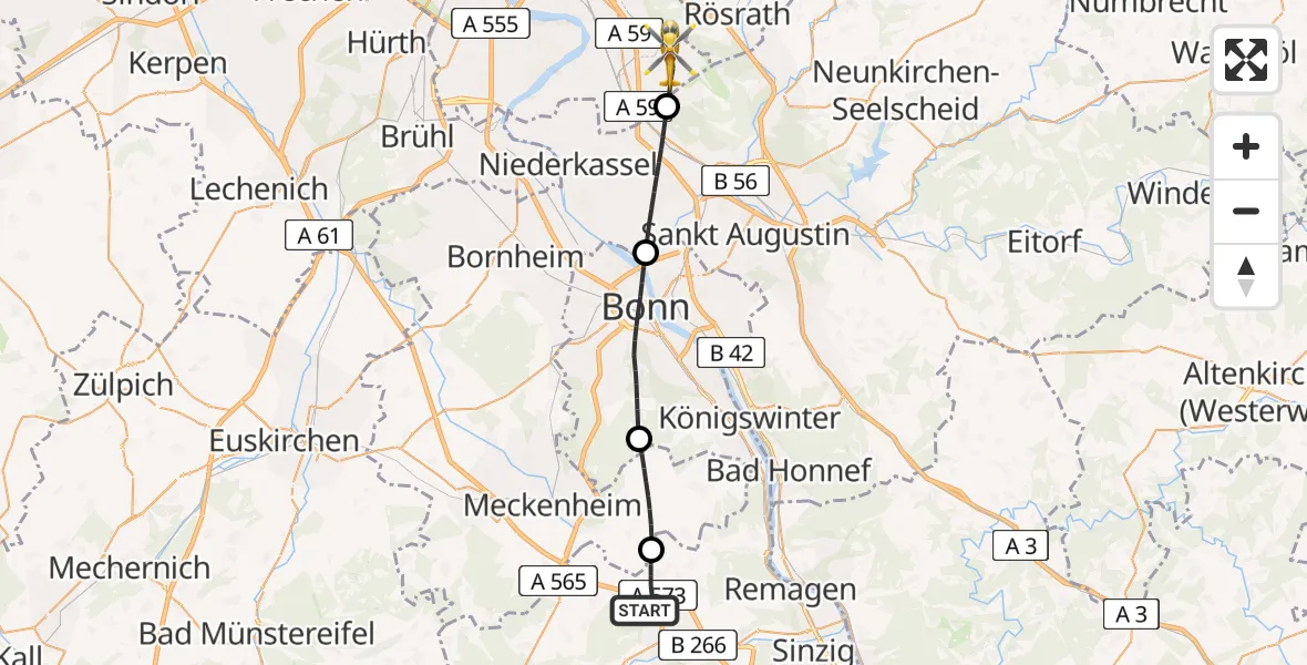 Flugroute Ambulanzhubschrauber Grafschaft - Köln Bonn Flughafen, 19 Juli 2026, 13:13