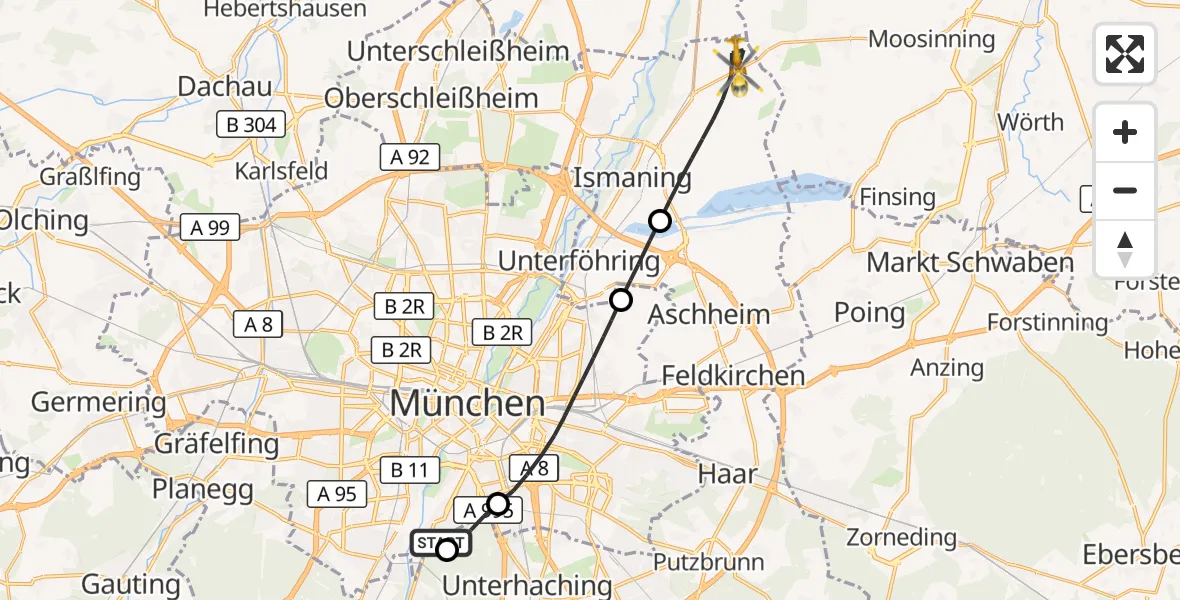Flugroute Rettungshubschrauber ADAC Air Rescue Center Hubschrauberlandeplatz (Christoph 1) - Ismaning, 19 Juli 2026, 13:19