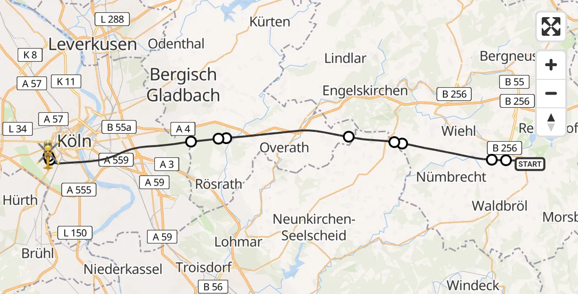 Flugroute Rettungshubschrauber Reichshof - Köln University Hospital, 19 Juli 2026, 13:20