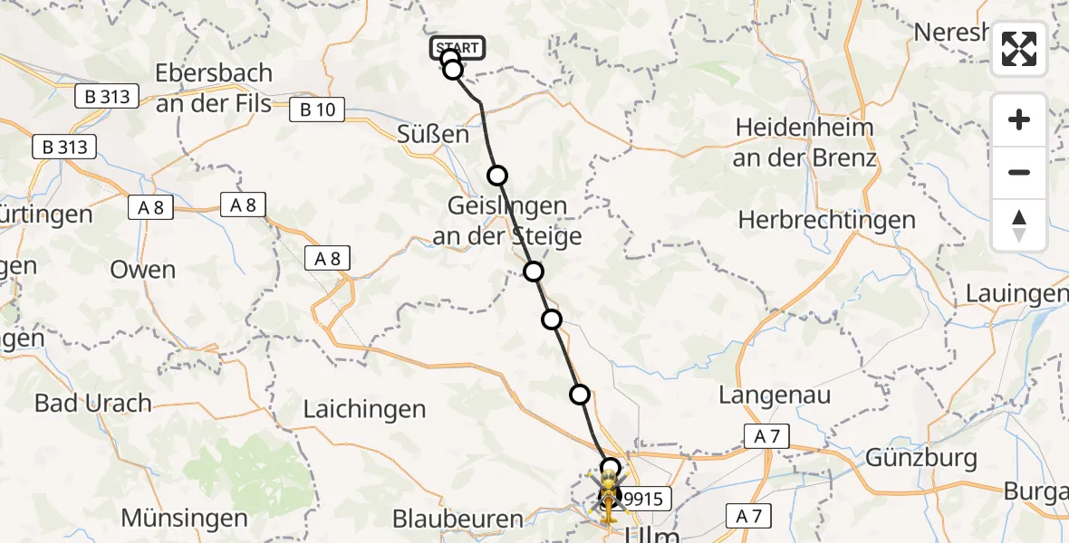 Flugroute Rettungshubschrauber Schwäbisch Gmünd - ADAC Air Rescue Station Ulm (Christoph 22), 19 Juli 2026, 13:21