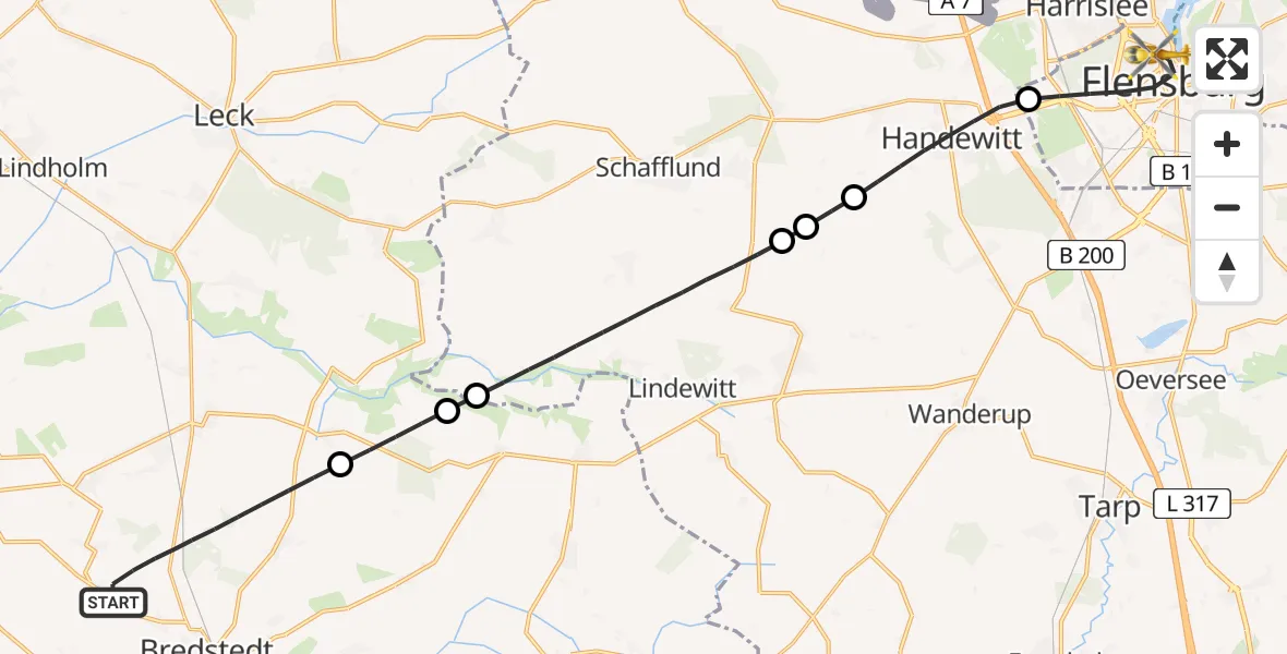 Flugroute Ambulanzhubschrauber Bordelum - Flensburg, 19 Juli 2026, 13:22