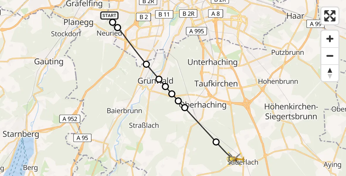Flugroute Rettungshubschrauber DRF Air Rescue München Hubschrauberlandeplatz - Sauerlach, 19 Juli 2026, 13:33
