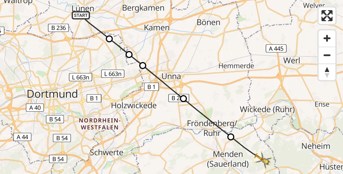 Flugroute Rettungshubschrauber Lünen - Menden (Sauerland), 19 Juli 2026, 13:37