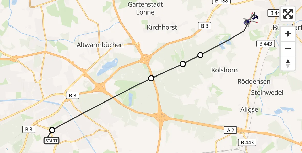 Flugroute Polizeihubschrauber Hannover Luftrettung Hubschrauberlandeplatz (Christoph 4) - Burgdorf, 19 Juli 2026, 13:50