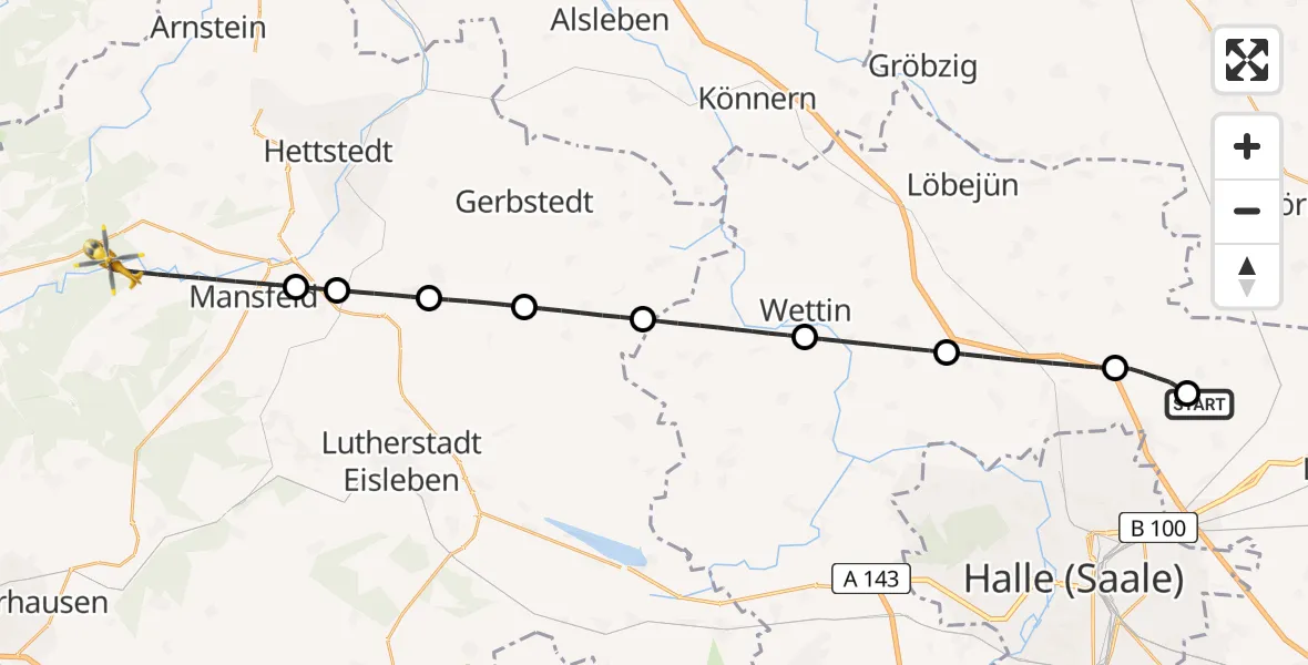 Flugroute Rettungshubschrauber Halle-Oppin Flugplatz - Mansfeld, 19 Juli 2026, 13:57