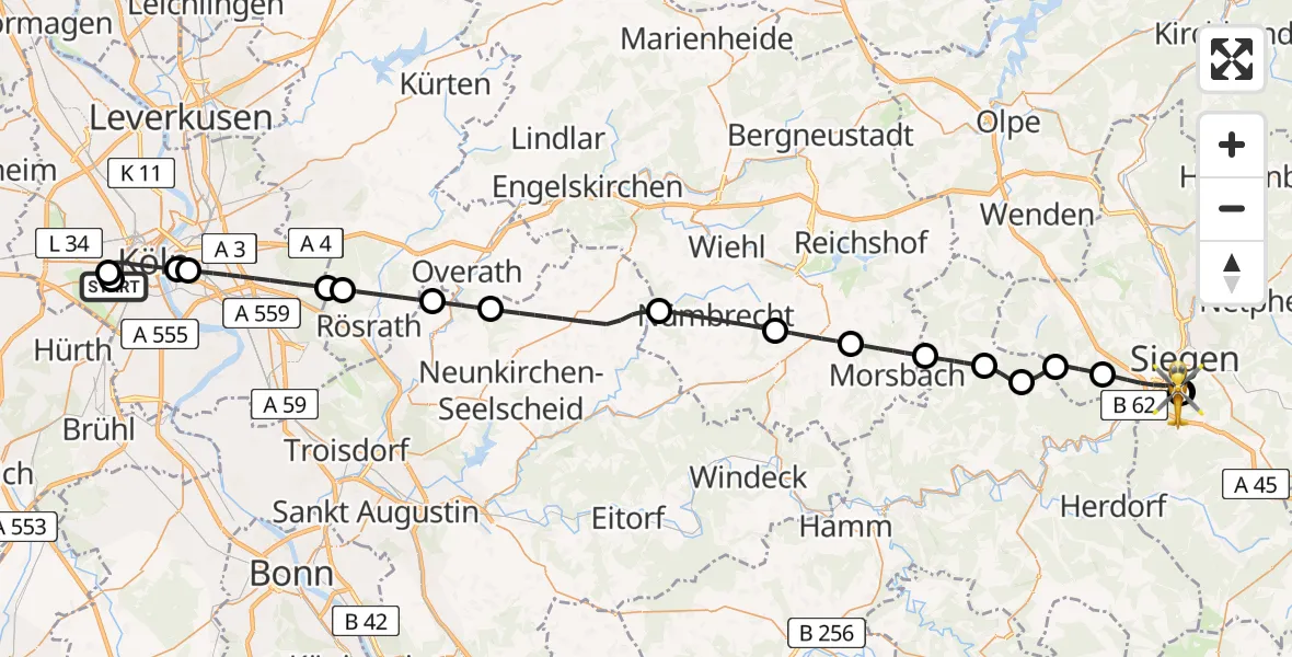 Flugroute Rettungshubschrauber Köln University Hospital - Evangelisches Jung-Stilling Hospital, 19 Juli 2026, 14:03