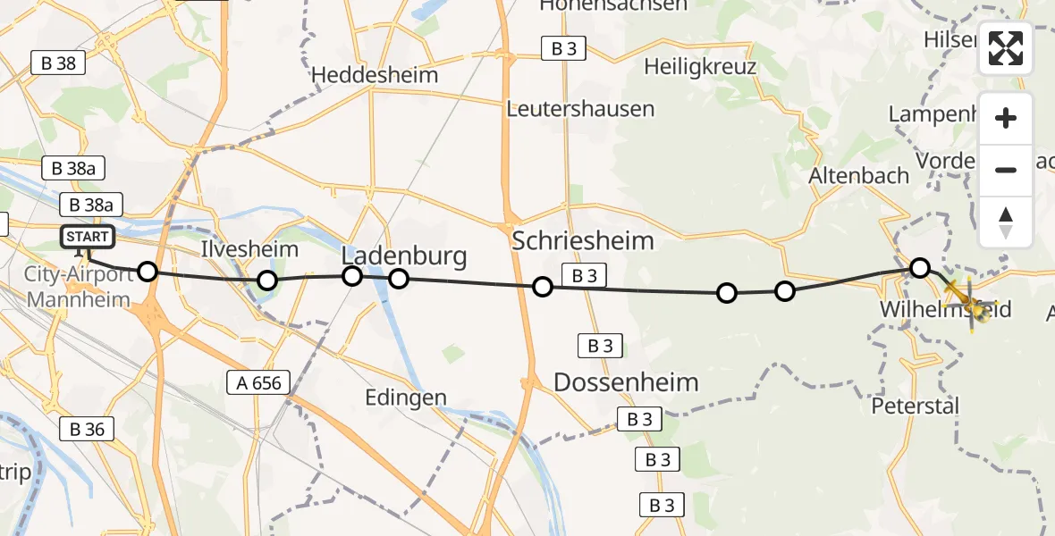 Flugroute Rettungshubschrauber Mannheim-City Flughafen - Wilhelmsfeld, 19 Juli 2026, 14:12