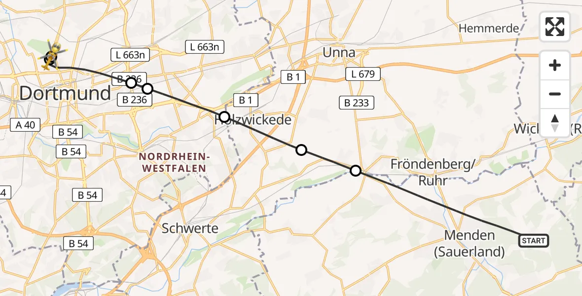 Flugroute Rettungshubschrauber Menden (Sauerland) - Dortmund Hospital North, 19 Juli 2026, 14:19