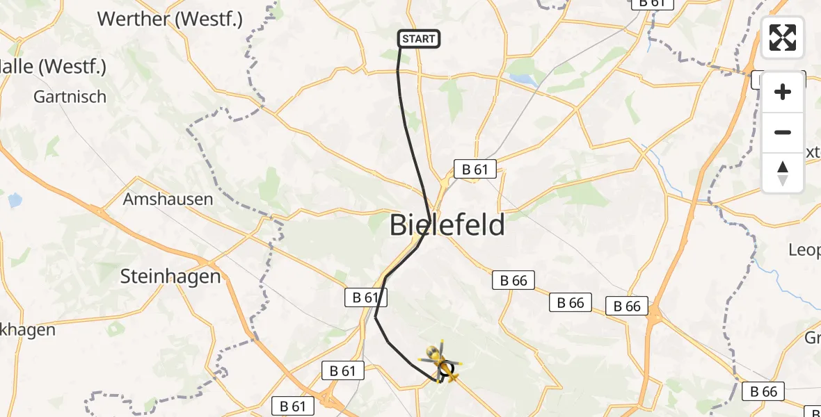 Flugroute Rettungshubschrauber Bielefeld - Luftrettungszentrum Bielefeld, 19 Juli 2026, 14:24