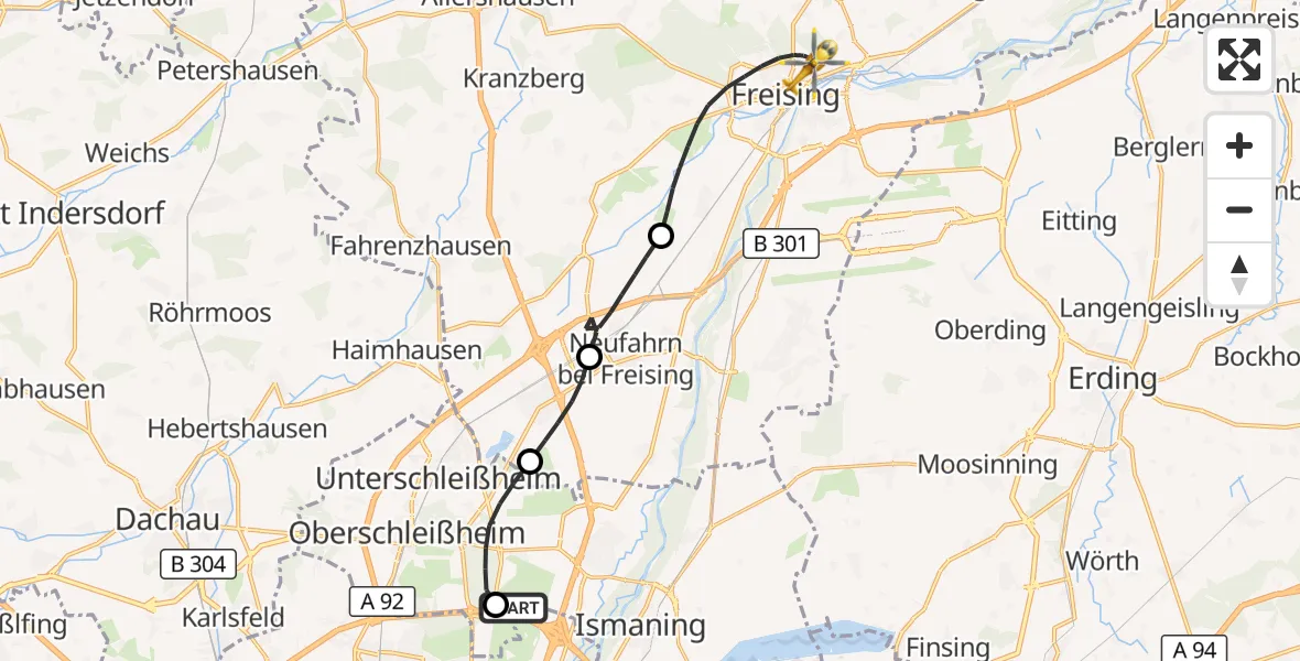 Flugroute Rettungshubschrauber Garching b.München - Freising, 19 Juli 2026, 14:31