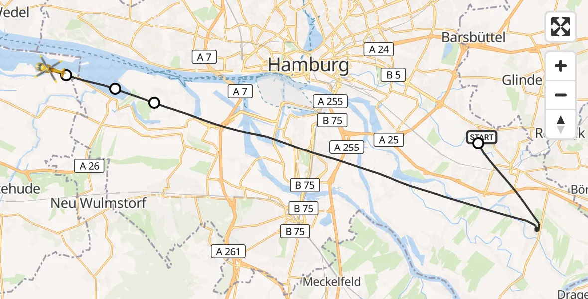 Flugroute Ambulanzhubschrauber Christoph Hansa ADAC Hubschrauberlandeplatz - Jork, 19 Juli 2026, 14:32