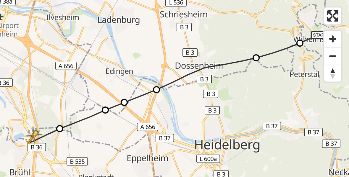 Flugroute Rettungshubschrauber Wilhelmsfeld - Schwetzingen, 19 Juli 2026, 14:35