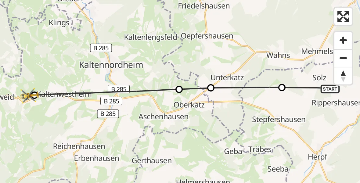 Flugroute Rettungshubschrauber Rippershausen - Weidberg-Kaltenwestheim Ultraleichtflugplatz, 19 Juli 2026, 14:37
