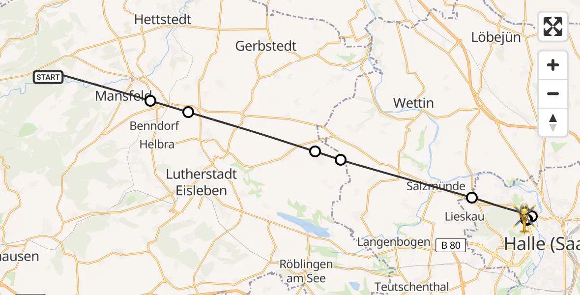 Flugroute Rettungshubschrauber Mansfeld - Halle (Saale) University Hospital, 19 Juli 2026, 14:38