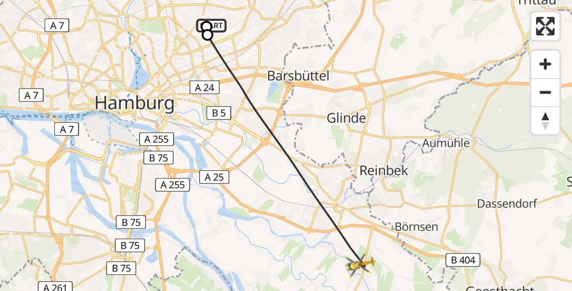 Flugroute Rettungshubschrauber Hamburg Military Hospital - Hamburg, 19 Juli 2026, 14:39
