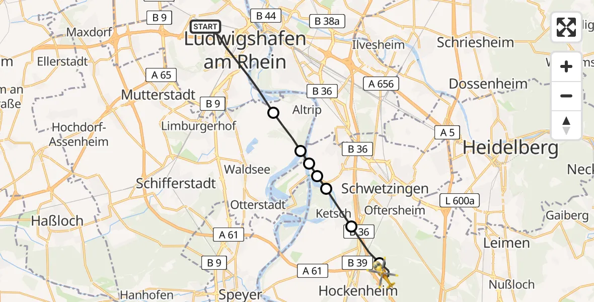 Flugroute Rettungshubschrauber Ludwigshafen am Rhein - Hockenheim, 19 Juli 2026, 14:41