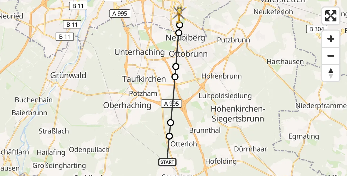 Flugroute Rettungshubschrauber Sauerlach - München, 19 Juli 2026, 14:43