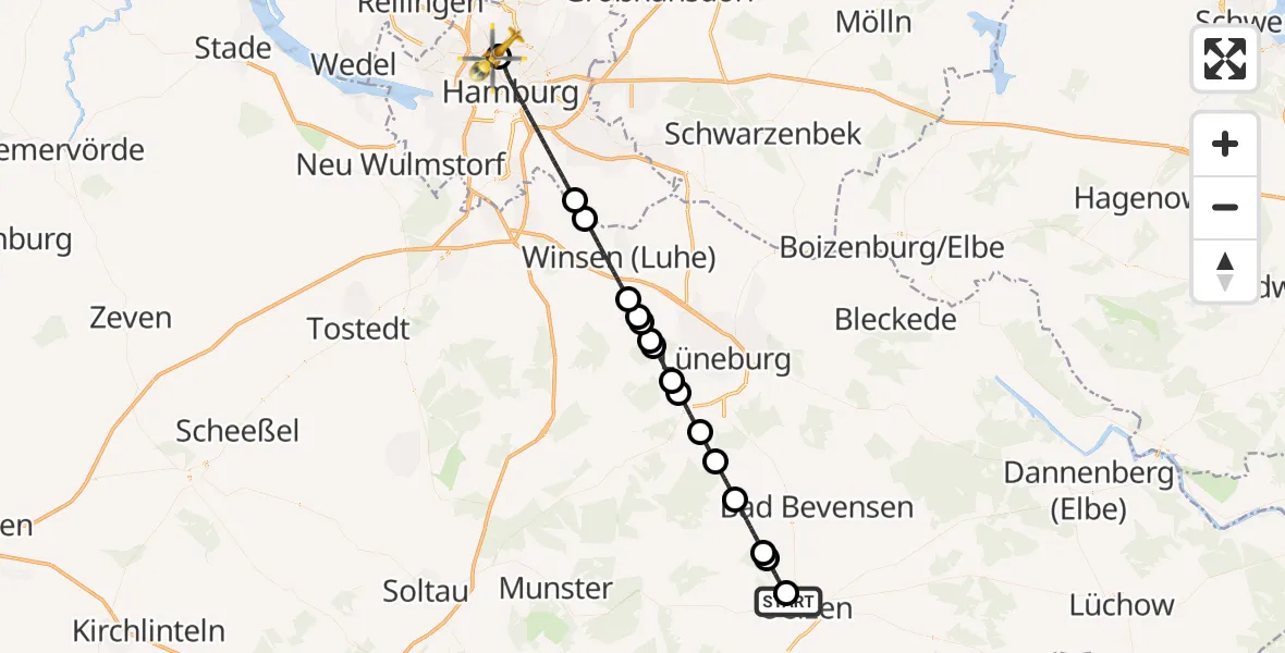 Flugroute Rettungshubschrauber ADAC Air Rescue Station Uelzen Hubschrauberlandeplatz (Christoph 19) - Universitätsklinikum Hamburg-Eppendorf Hubschrauberlandeplatz, 19 Juli 2026, 14:43