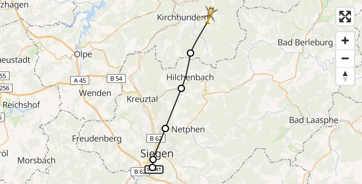 Flugroute Rettungshubschrauber Evangelisches Jung-Stilling Hospital - Kirchhundem, 19 Juli 2026, 14:45