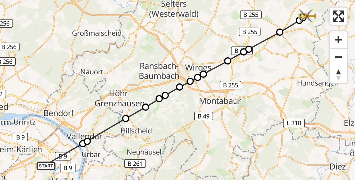 Flugroute Rettungshubschrauber Koblenz - Girkenroth, 19 Juli 2026, 14:50