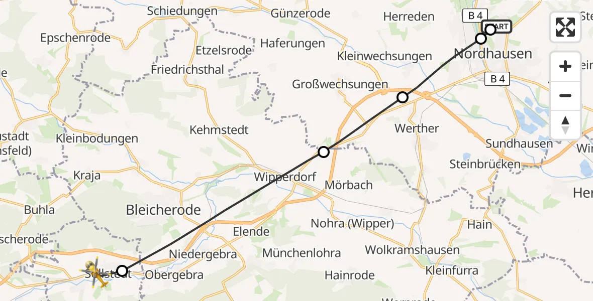 Flugroute Rettungshubschrauber Südharz Hospital Nordhausen - Sollstedt, 19 Juli 2026, 14:55