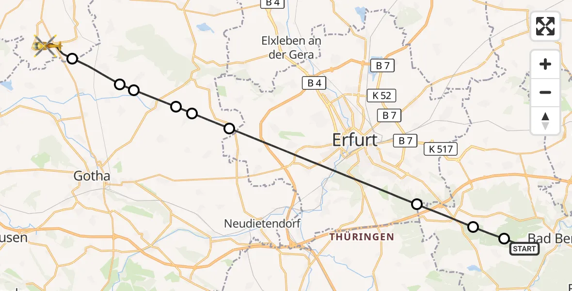 Flugroute Ambulanzhubschrauber Bad Berka - Bad Langensalza, 19 Juli 2026, 15:05