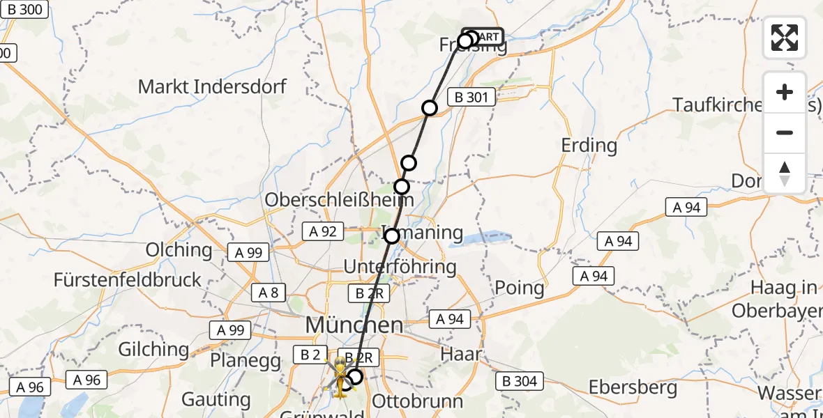 Flugroute Rettungshubschrauber Freising - ADAC Air Rescue Center Hubschrauberlandeplatz (Christoph 1), 19 Juli 2026, 15:06