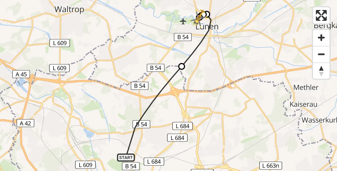 Flugroute Rettungshubschrauber Dortmund - Sankt Marien Hospital, 19 Juli 2026, 15:09
