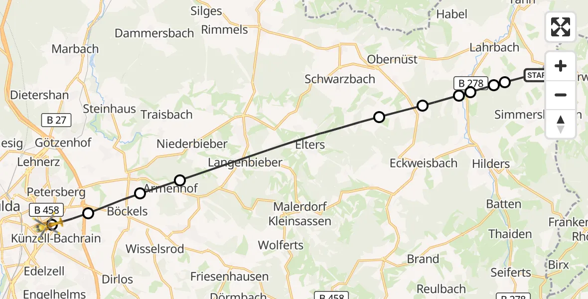 Flugroute Rettungshubschrauber Tann (Rhön) - Fulda Hospital, 19 Juli 2026, 15:10