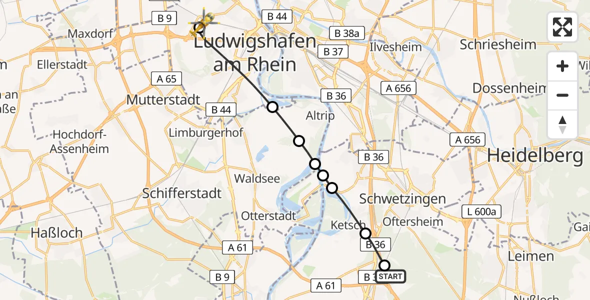Flugroute Rettungshubschrauber Hockenheim - Ludwigshafen Accident Hospital, 19 Juli 2026, 15:13