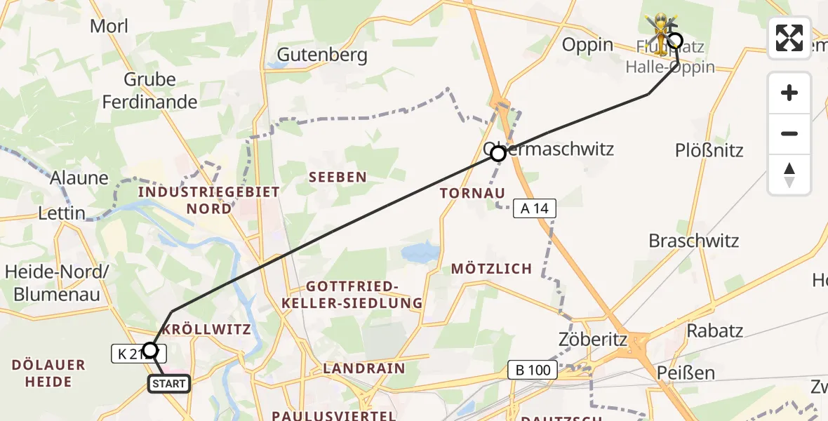 Flugroute Rettungshubschrauber Halle (Saale) University Hospital - Halle-Oppin Flugplatz, 19 Juli 2026, 15:13