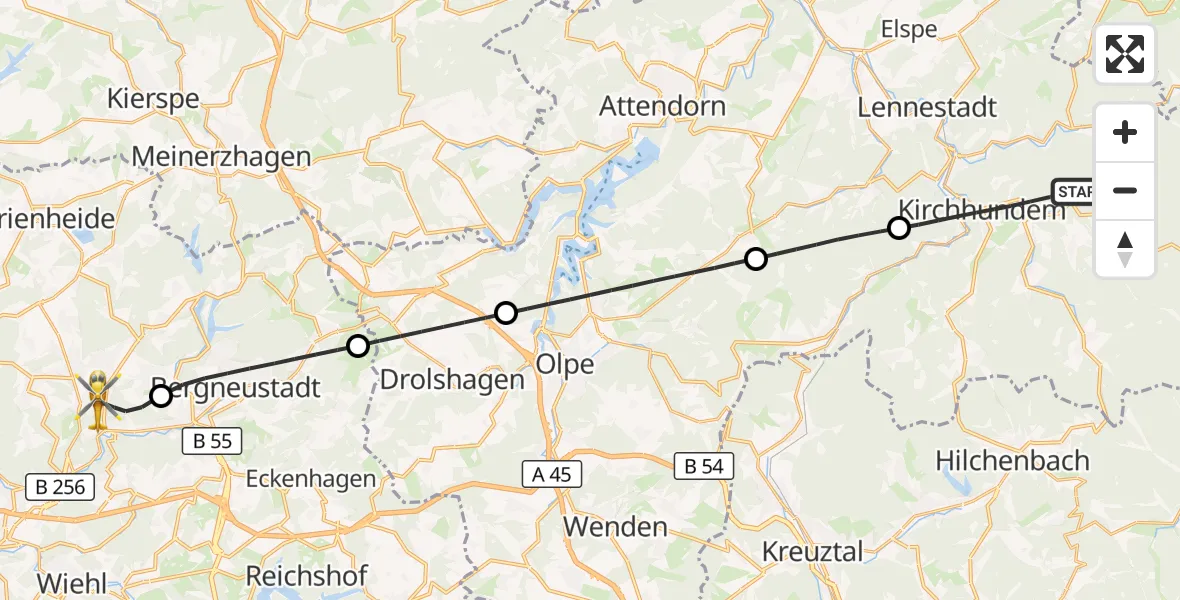 Flugroute Rettungshubschrauber Kirchhundem - Gummersbach, 19 Juli 2026, 15:16