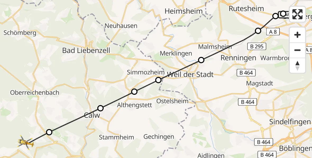 Flugroute Rettungshubschrauber Leonberg Hospital - Bad Teinach-Zavelstein, 19 Juli 2026, 15:16