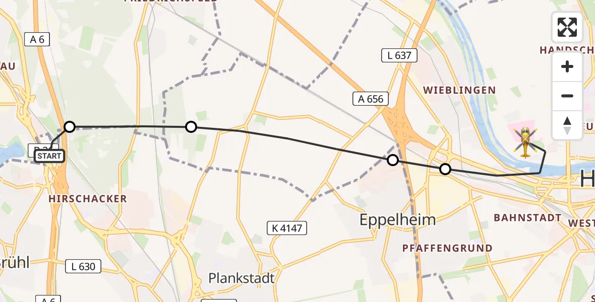 Flugroute Rettungshubschrauber Schwetzingen - Heidelberg, 19 Juli 2026, 15:18