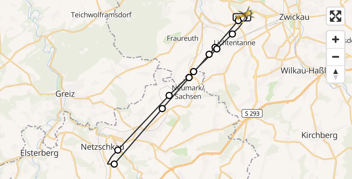 Flugroute Rettungshubschrauber ADAC Air Rescue Station Zwickau Hubschrauberlandeplatz - ADAC Air Rescue Station Zwickau Hubschrauberlandeplatz, 19 Juli 2026, 15:19