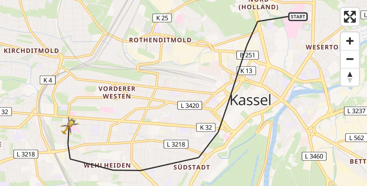 Flugroute Rettungshubschrauber Kassel - Kassel, 19 Juli 2026, 15:25
