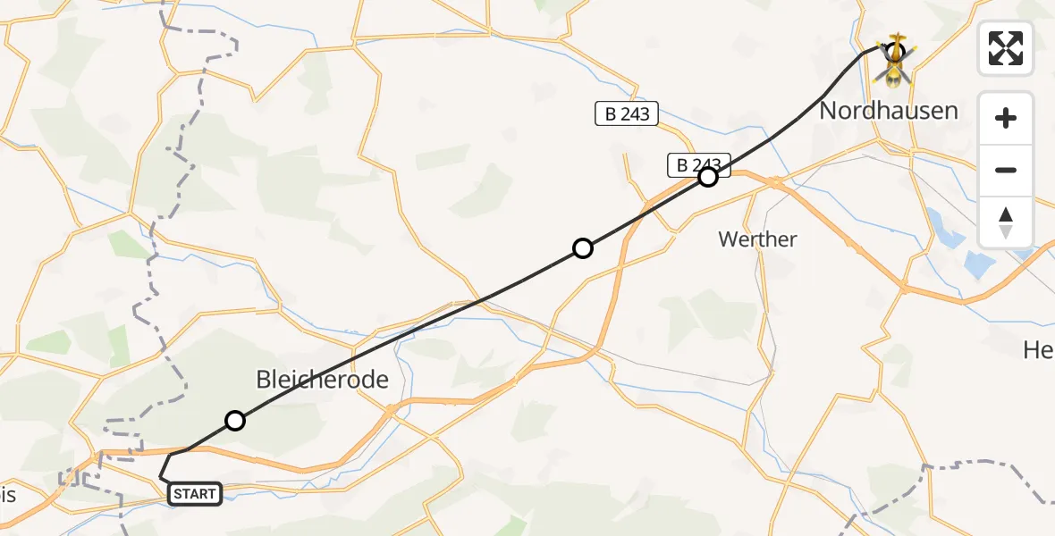 Flugroute Rettungshubschrauber Sollstedt - Südharz Hospital Nordhausen, 19 Juli 2026, 15:26